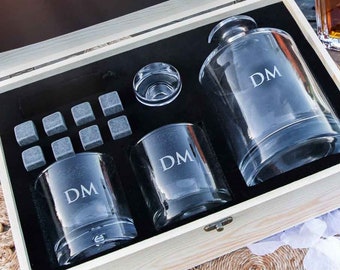 Groomsman Name Decanter Set - Personalised Engraved Bridal Party Groomsmen Best Man Wedding Round Decanter Scotch Glasses Whiskey Stone