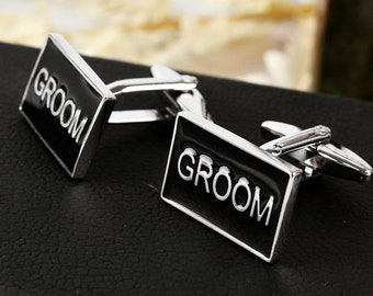 Groomsmen Cufflinks - Groomsman Best Man Groom Bridal Party Black Silver Cufflink Wedding Set Favour Gift Bonbonniere