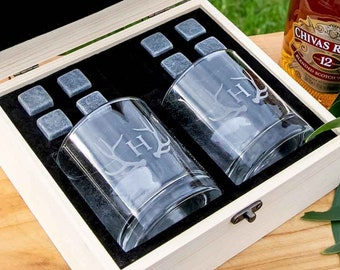 Initials Bourbon Glass Set - Personalised Engraved Monogrammed Wooden Gift Boxed Round Scotch Glass Twin Set with Whiskey Stones