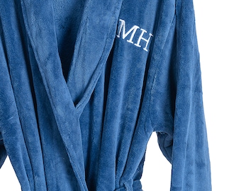 Initials Navy Robe - Personalised Embroidered Monogrammed Name Blue Microplush Bathrobe Dressing Gown