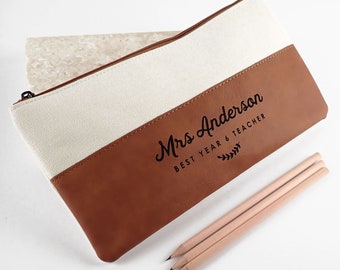 Teacher's Name Pencil Case - Personalised Engraved Initials Monogrammed Tan Leatherette Pencil Case Christmas Teacher Appreciation Gift