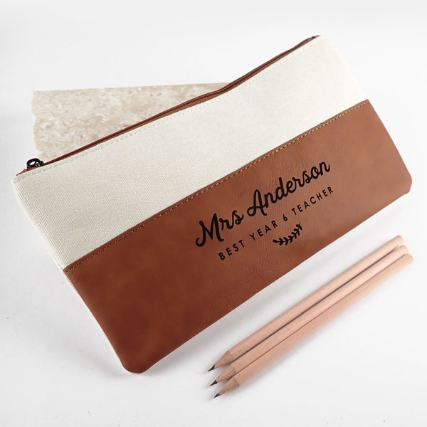 Teacher's Name Pencil Case - Personalised Engraved Initials Monogrammed Tan Leatherette Pencil Case Christmas Teacher Appreciation Gift
