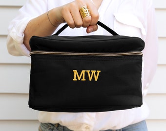 Initials Cosmetic Bag - Personalised Embroidered Monogramed Initials Travel Black Cosmetic Makeup Case Travel Bag Birthday Mother's Day