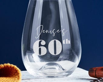 Personalized 60th Birthday Wine Glass - Engraved Name, Stemless 460ml