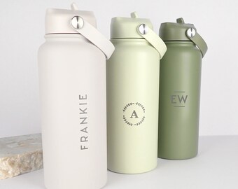 1L Name Water Bottle -  Personalised Engraved Monogrammed Initials Ivory, Olive, Lime Water Bottle with Carry Handle