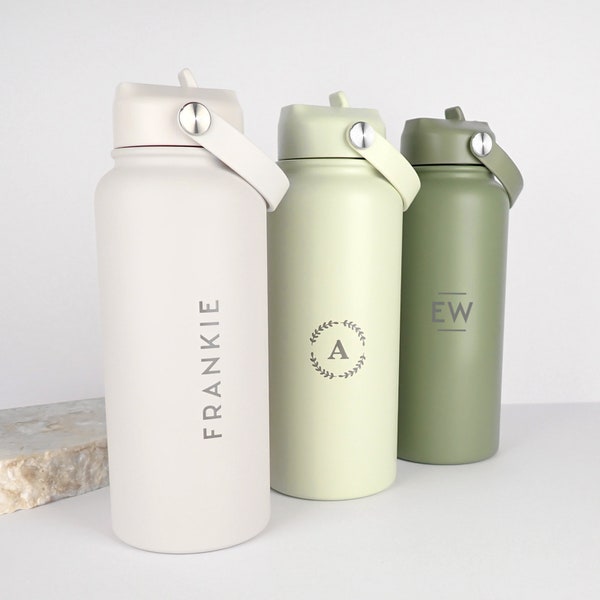 1L Name Water Bottle -  Personalised Engraved Monogrammed Initials Ivory, Olive, Lime Water Bottle with Carry Handle