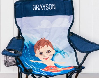 Child's Name Foldable Chair - Personalised White Embroidered Blue Surfer Kids Beach Camp Outdoor Fishing Kids Children Chair