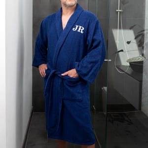 Personalised Men’s Navy Bathrobe – Embroidered Terry Towelling Robe with Initials – Cotton Gift for Him Birthday, Christmas or Father’s Day
