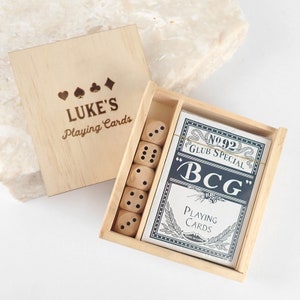Name Card Dice Box - Personalised Engraved Initials Monogrammed Wooden Gift Boxed Playing Cards with Dice Adult Kid Children Games