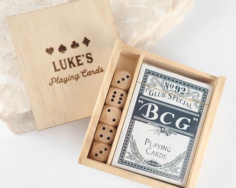 Name Card Dice Box - Personalised Engraved Initials Monogrammed Wooden Gift Boxed Playing Cards with Dice Adult Kid Children Games