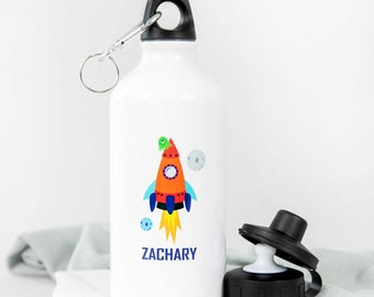 Personalised Rocket Water Bottle for Kids – Custom Name 500ml Drink Bottle – Space Rocket Design for School – Gift for Boys & Girls