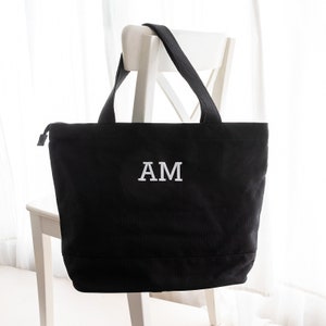 Name Tote Bag - Personalised Embroidered Initials Monogrammed Name Black Canvas Tote Shopping Bag Birthday Christmas Mother's Day