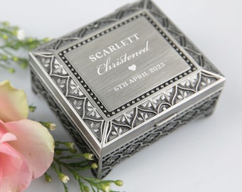 Baptism Name Jewellery Box - Personalised Engraved Christening Naming Day Pewter Jewellery Box Godmother Godparent Gift