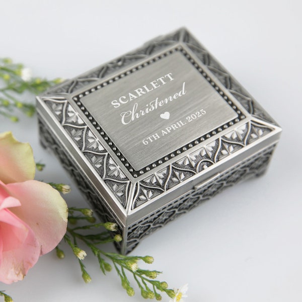 Baptism Name Jewellery Box - Personalised Engraved Christening Naming Day Pewter Jewellery Box Godmother Godparent Gift