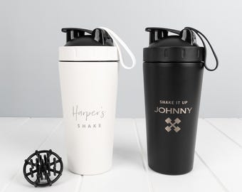 Personalised Protein Shaker 750ml – Custom Engraved Black or White Stainless Steel Bottle – Gym Gift for Him or Her
