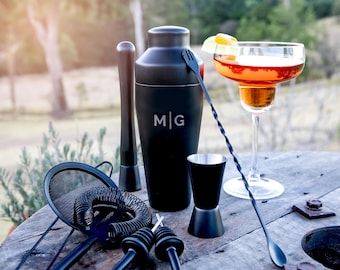 Personalised Cocktail Shaker Set - Matte Black Engraved Barware Kit Gift Box for Him Her Bartender Host - Christmas Birthday Father's Day
