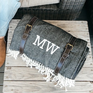 Initials Picnic Blanket - Personalised Embroidered Monogrammed Waterproof Grey Black Picnic Blanket with Carry Handle