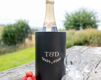 Initials Wine Cooler - Personalised Engraved Monogrammed Matte Black Stainless Steel Champagne Wine Cooler Birthday Christmas Wedding Gift