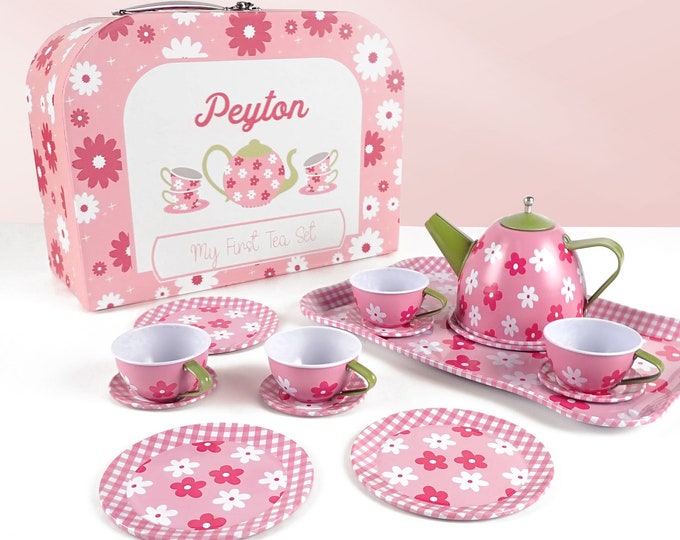 Personalised Kids Tea Set – Custom Floral Teapot & Cup Play Set with Name – Gift for Girls, Birthday or Christmas Pretend Play Toy