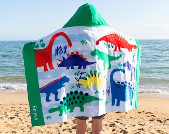 Embroidered Kids Hooded Dinosaur Towel – Custom Name Beach Poncho in 100% Cotton – Dino Hooded Towel Gift for Children – Boys & Girls