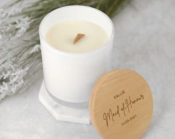 Bridesmaid's Name Candle - Personalised Engraved Bridal Party Maid of Honour Bride Wood Wick Soy Candle with Wooden Lid Wedding Favour Gift