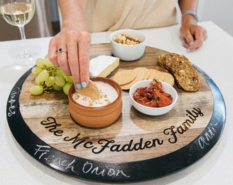 Personalised Lazy Susan - Engraved Acacia Wood Rotating Cheese Board with Chalkboard Rim - Custom Party Platter Gift for Entertaining