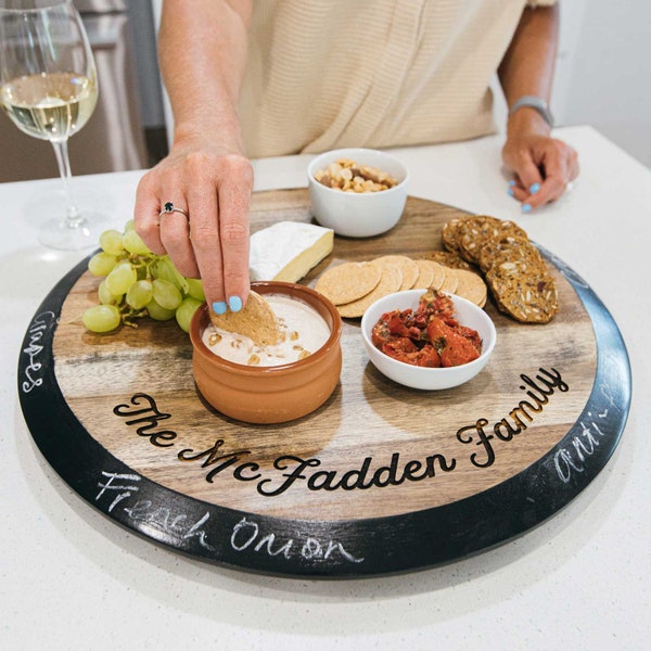 Name Lazy Susan - Personalised Engraved Acacia Round Wood Serving Cheese Board Platter Blackboard Birthday Christmas Mother's Day