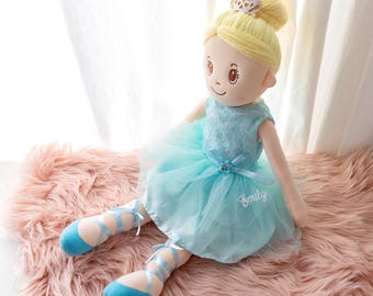 Personalised Blue Ballerina Doll – Embroidered Name Soft Toy Gift for Girls – Custom Baby Shower Keepsake or Toddler Birthday Present
