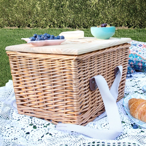 Name Picnic Basket - Personalised Initials Monogrammed Rectangle Cooler Picnic Basket with Engraved Wooden Lid Mother's Day Homeware