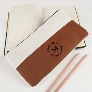 Name Pencil Case - Personalised Engraved Initials Monogrammed Tan Leatherette Pencil Case Birthday Christmas Kids Adult Children School