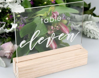 Wedding Table Numbers - Personalised Engraved Clear Acrylic Wedding Reception Table Number with Wooden Base Decor