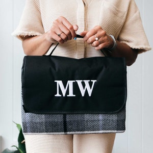 Initials Picnic Blanket - Personalised Embroidered Monogrammed Waterproof Grey Black Picnic Blanket with Carry Handle Mother&#39;s Father&#39;s Day