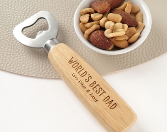 Personalised Wooden Bottle Opener – Engraved Name Gift for Dad – Custom Beer Opener with Wooden Handle – Father’s Day Present Idea
