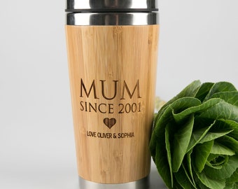 Mothers Day Travel Mug - Personalised Engraved Name Bamboo Travel Mug Wooden Keepsake Cup 400ml Mum Gift for Mom Present Nana Grandma