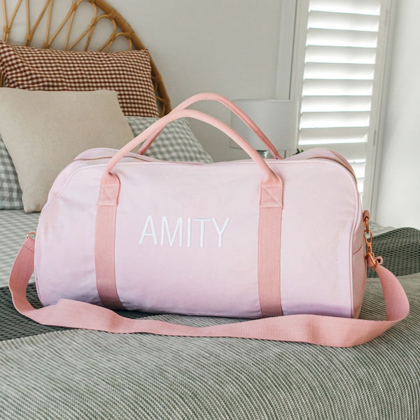 Name Duffle Bag - Personalised Embroidered Initials Monogrammed Pink Canvas Sports Duffle Travel Bag Luggage Christmas Birthday Mother's Day