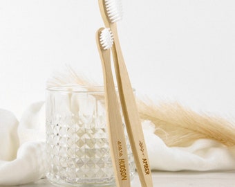 Name Bamboo Toothbrush - Personalised Engraved Name Sustainable Environmentally Friendly Biodegradable Wooden Bamboo Toothbrush
