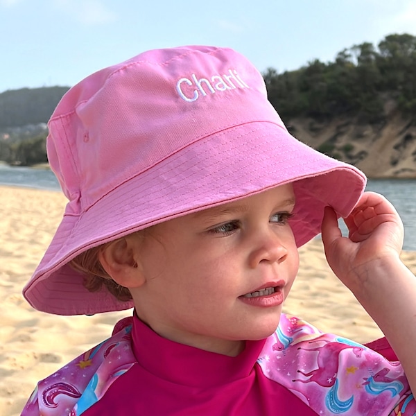 Child's Name Sun Hat - Personalised Embroidered Name Kids Children 58cm Adjustable Beach Outdoor Pink Blue Navy Bucket Hat