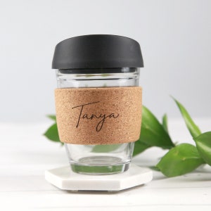 Name Initials Coffee Cup - Personalised Keep Coffee Cup, Engraved Reusable Cork band Glass Coffee Mug Birthday Christmas Mother's Day