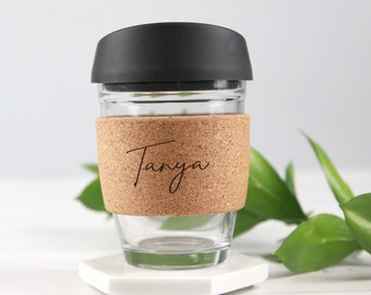 Name Initials Coffee Cup - Personalised Keep Coffee Cup, Engraved Reusable Cork band Glass Coffee Mug Birthday Christmas Mother's Day
