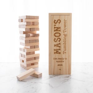 Personalised Wooden Tumbling Tower for Kids – Engraved Name Blocks for Fun Learning Play – Custom Birthday or Playroom Gift for Children