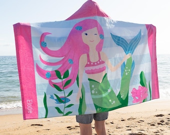 Mermaid Hooded Beach Towel for Kids – Custom Name Embroidered 100% Cotton Towel – Girls Swim Cover Up – Magical Gift for Beach & Pool
