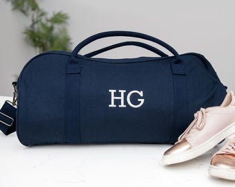 Embroidered Navy Duffle Bag – Personalised First Name Canvas Gym Bag – Custom Sports Overnight Holdall Gift for Men Women or Teams