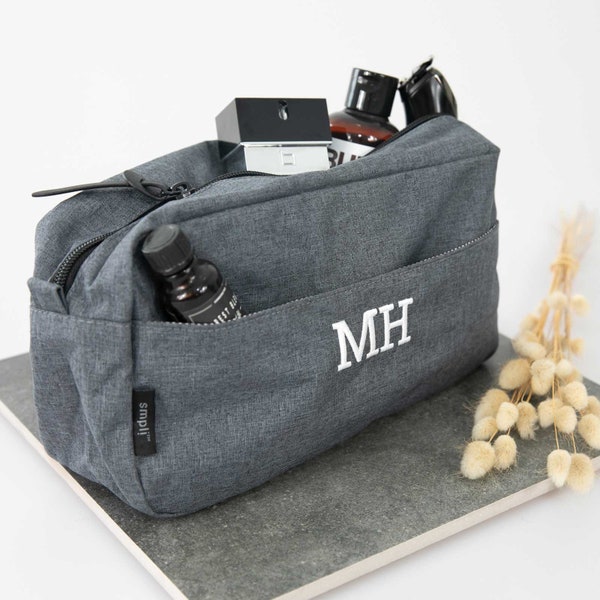 Initials Toiletry Bag - Personalised Embroidered Monogrammed Grey Toiletry Kit Travel Wash Bag Case Birthday Christmas Homeware Gift