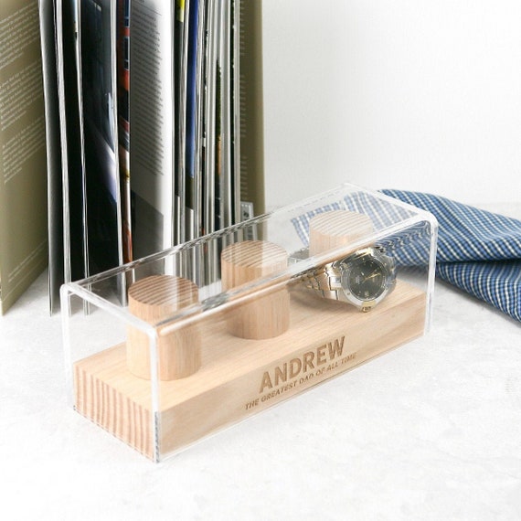 Father’s Day Personalised 3 Watch Stand – Engraved Wooden Tasmanian Oak Gift for Dad Him Men – Custom Holder for Watches