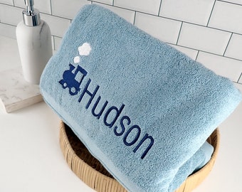 Name Bath Towel - Personalised Embroidered Name Blue Train Bath Towel Kids Girl Boy Children Child Homeware Bathroom Decor