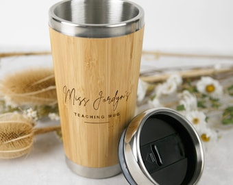 Teacher Christmas Laser Engraved Bamboo Travel Mug Wooden Keepsake Cup