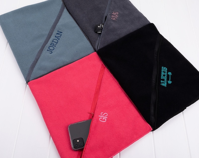 Personalised Gym Towel – Embroidered Name Fitness Towel with Zipper Pocket – Custom Sports Gift for Birthday, Christmas or Father’s Day