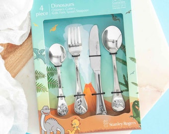 6 DESIGNS AVAILIABLE! Child's Name Cutlery Set - Personalised Engraved Stainless Steel Children Kid Baby - Bunny Teddy Bear Dinosaur Fairy
