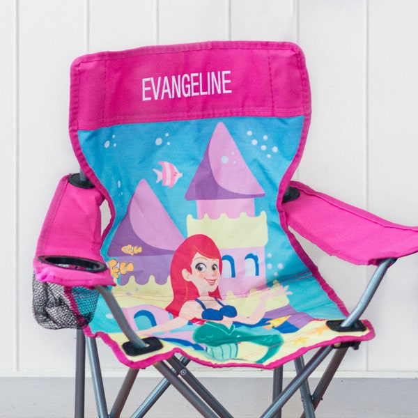 Child's Name Foldable Chair - Personalised White Embroidered Name Pink Mermaid Castle Kids Beach Camp Outdoor Chair