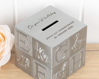 Personalised Pewter Alphabet Cube Money Box – Engraved Baby Name Keepsake